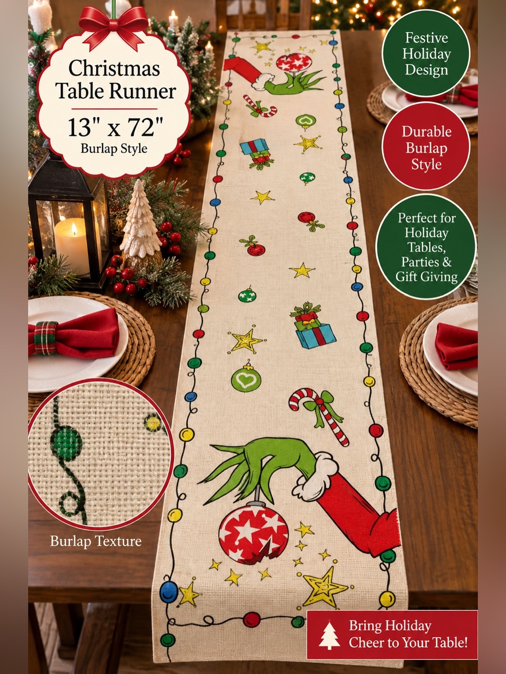 Christmas Green Hand Ornament Table Runner 13x72 Burlap Holiday Decor